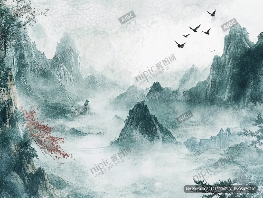 古典古风青绿山水背景