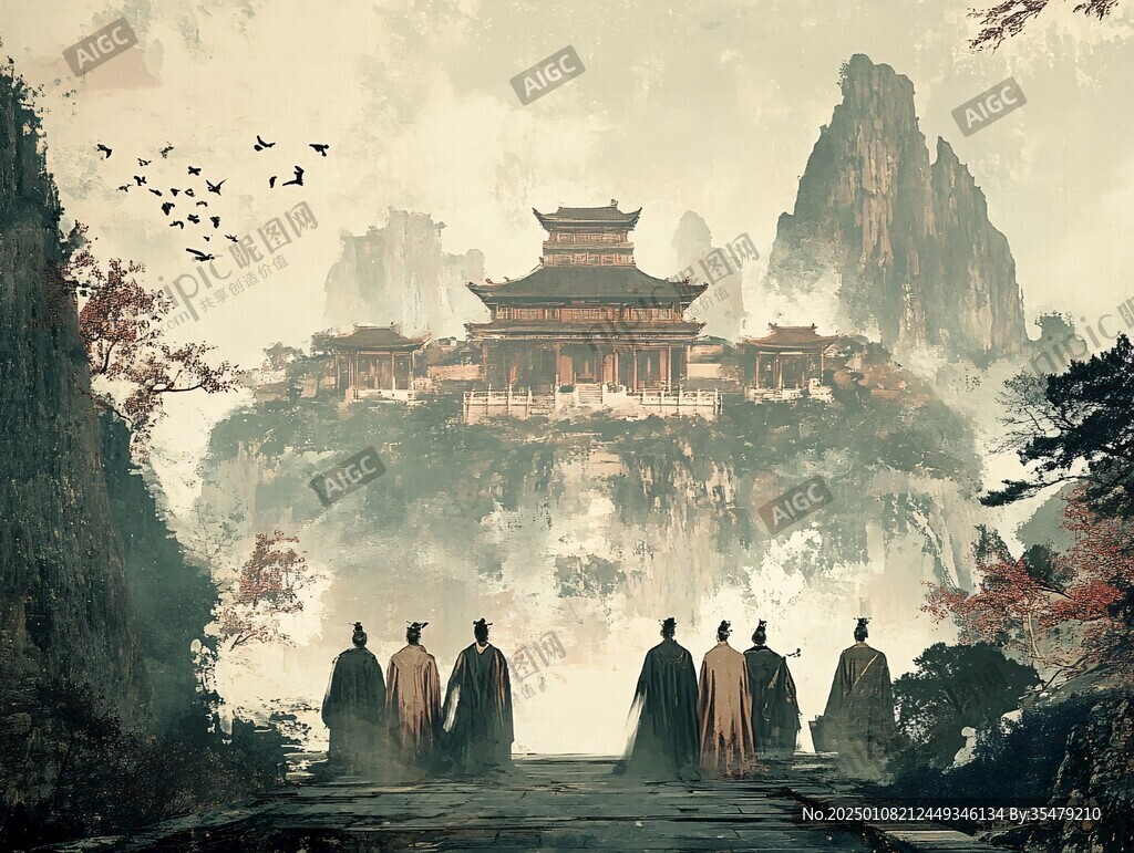 插画横店水彩水墨山水