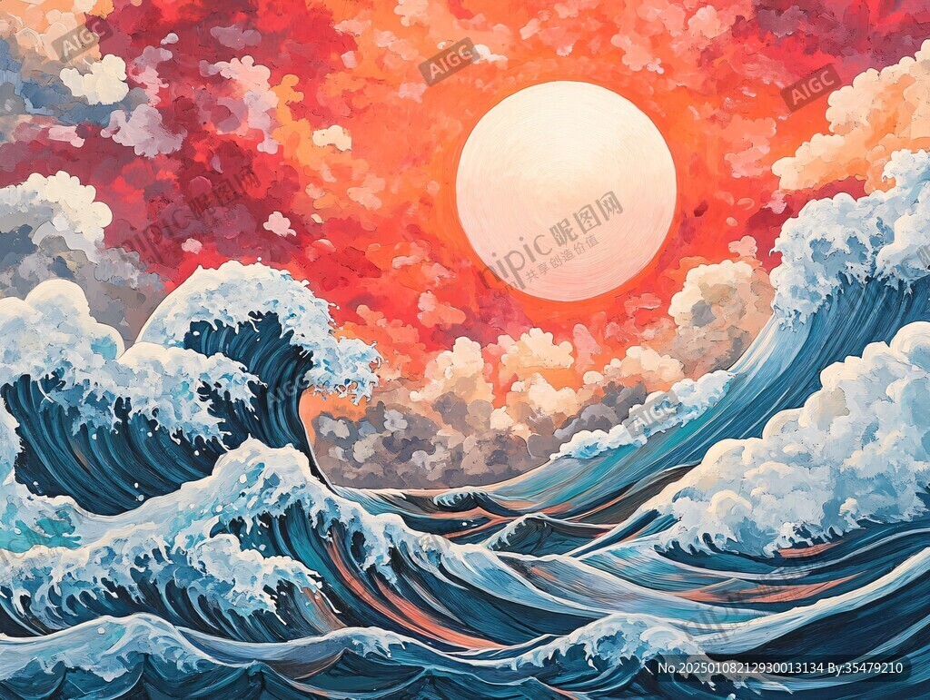 手绘海浪旭日东升