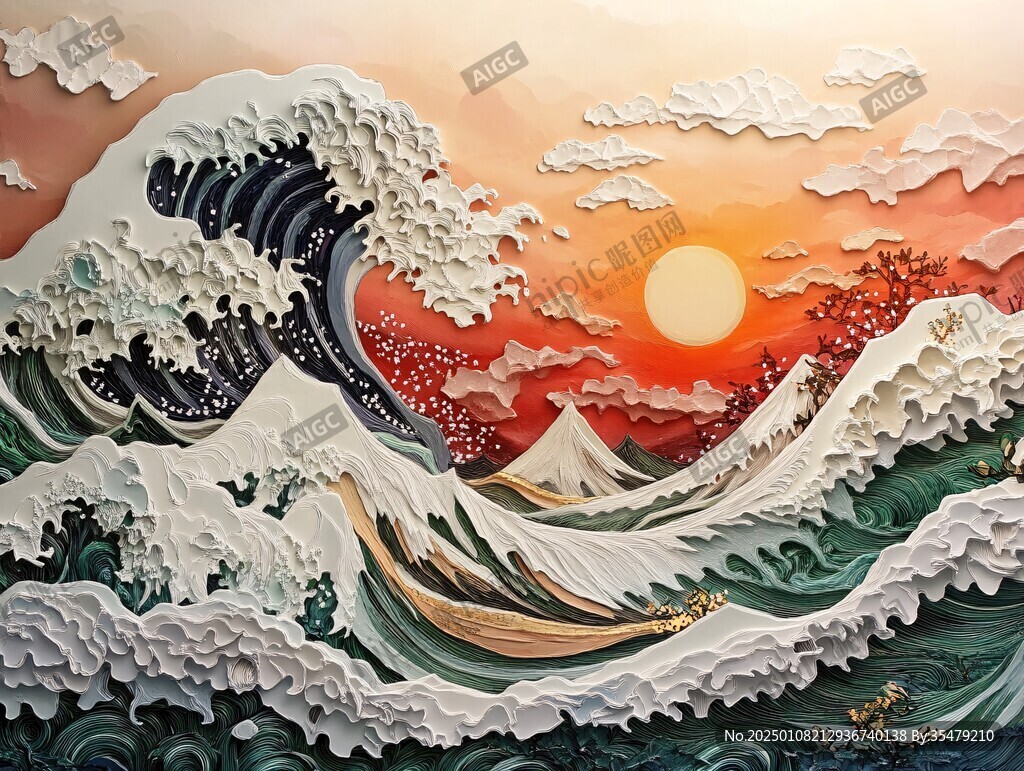 手绘海浪旭日东升