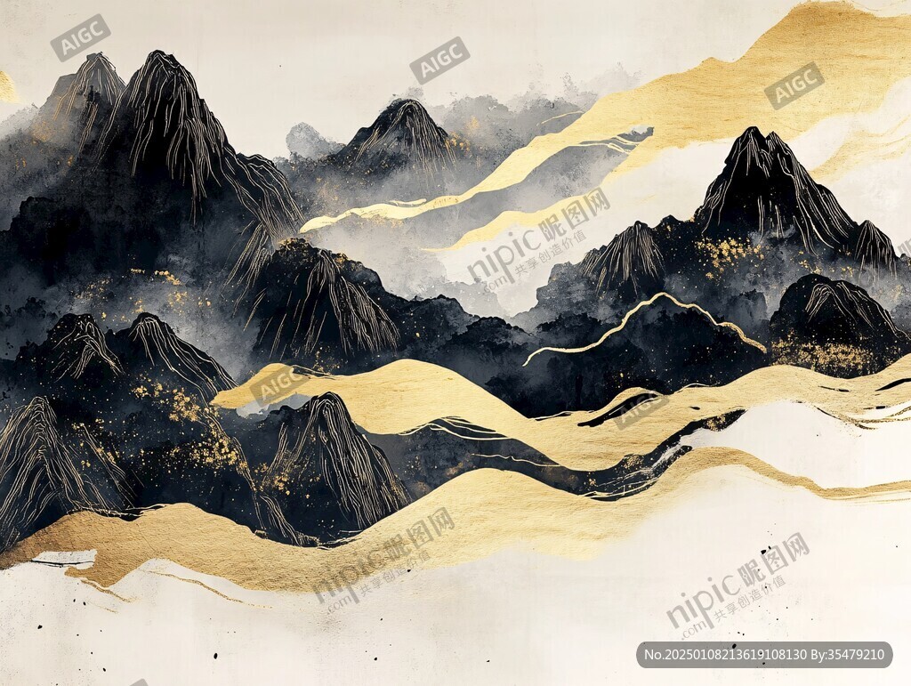 金色水墨群山背景墙