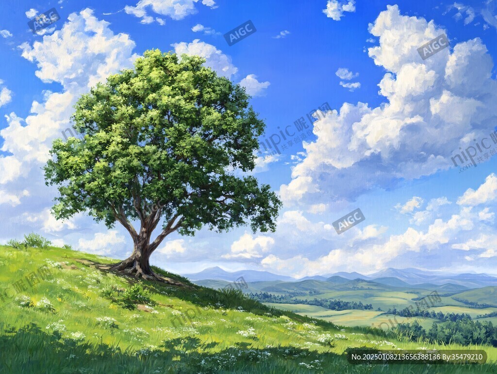 蓝天白云绿茵茵大树