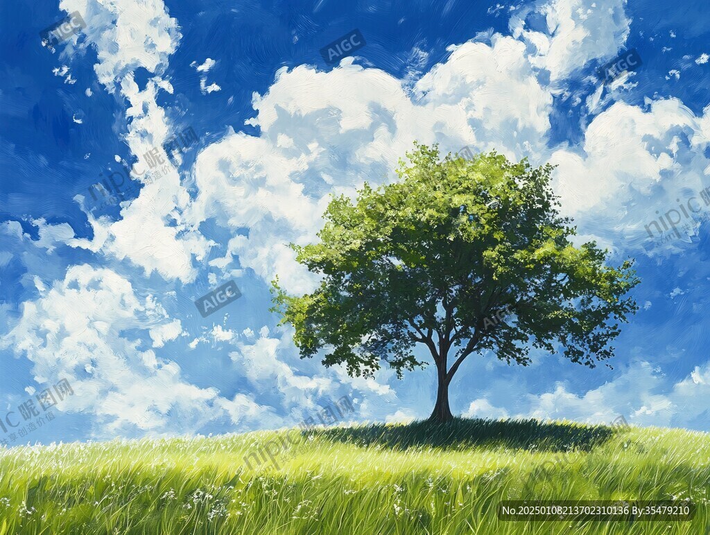蓝天白云绿茵茵大树