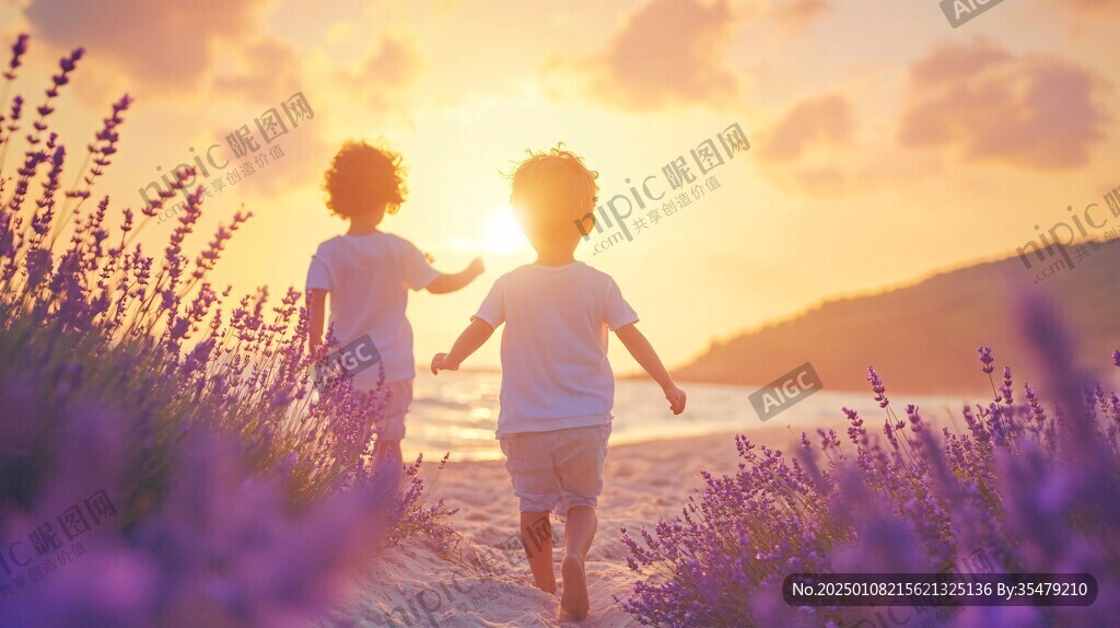 夕阳下儿童的背影