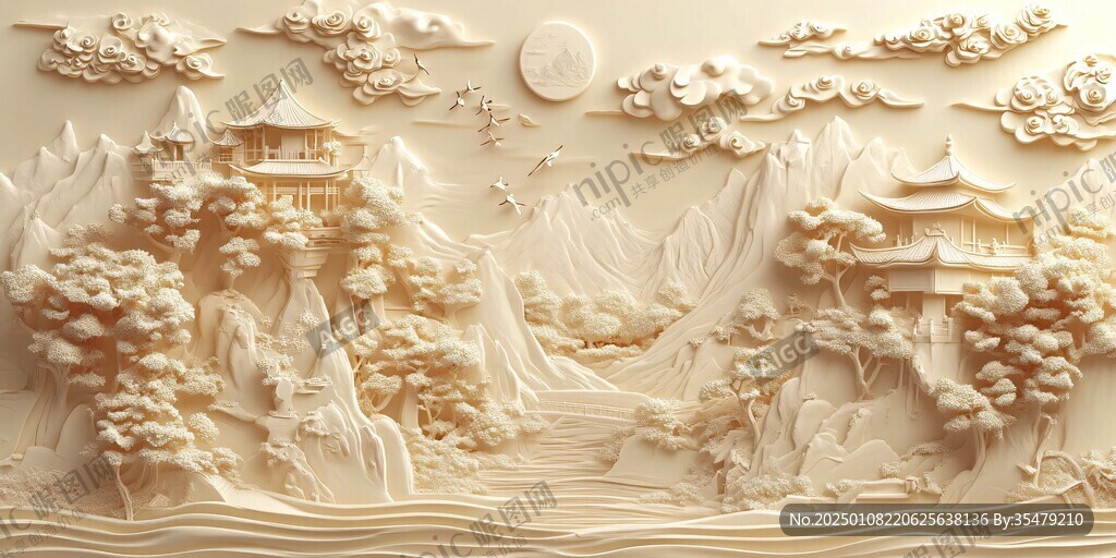 金色浮雕山水