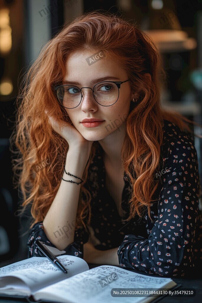 红头发的女孩在阅读