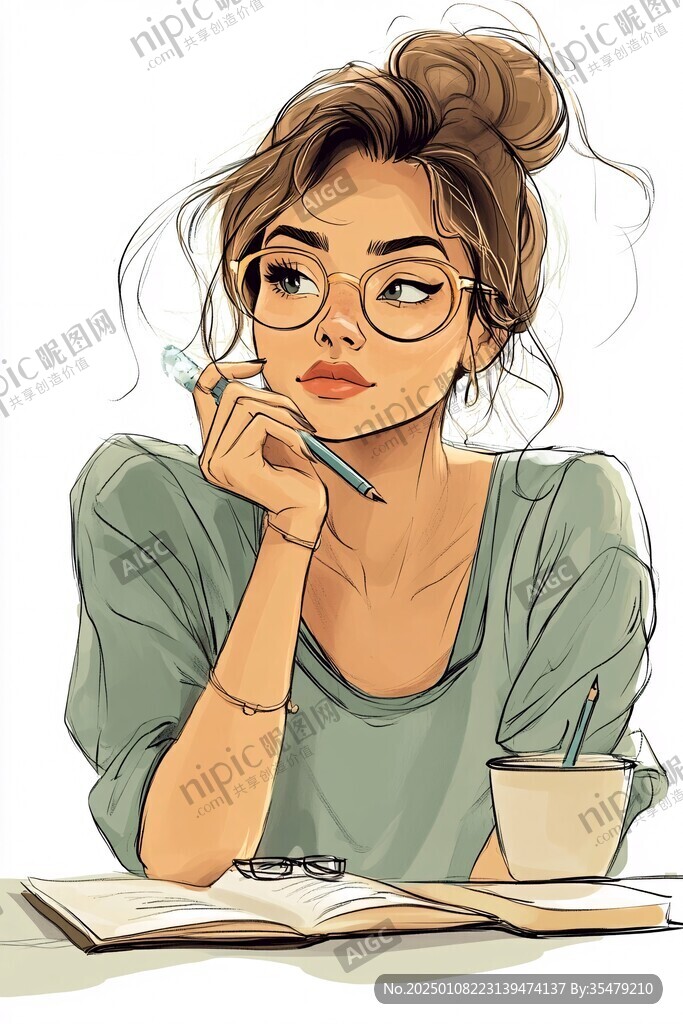 插画人物戴眼镜女孩