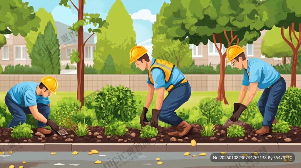 整理道路花草的工人
