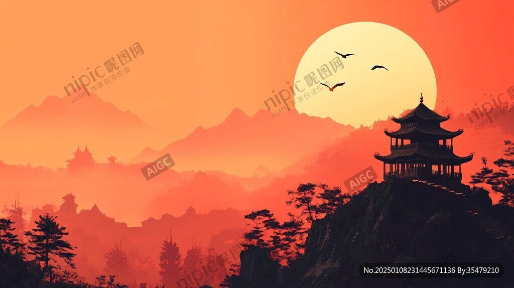 亭台楼阁旭日东升