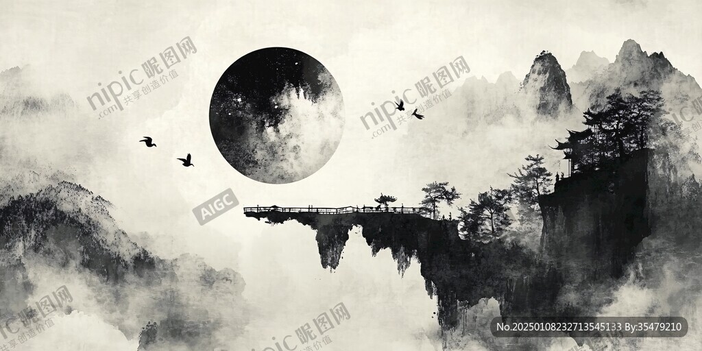 新中式水墨湖山秋月