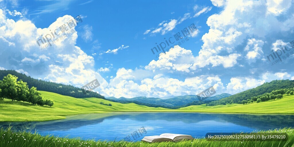 蓝天白云草地湖泊