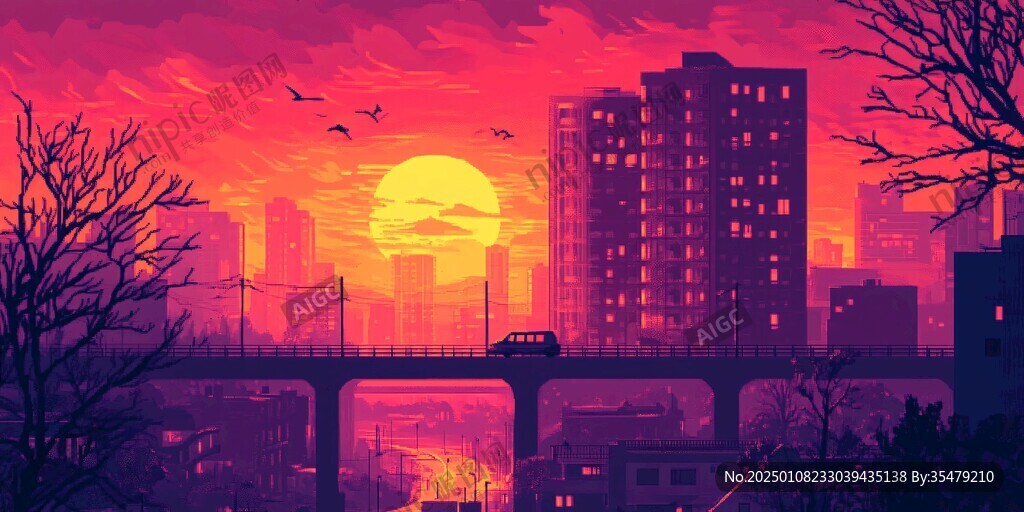 日落街道插画