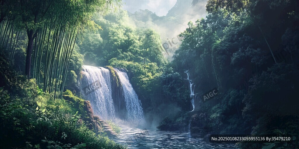 春天竹林瀑布晨曦唯美