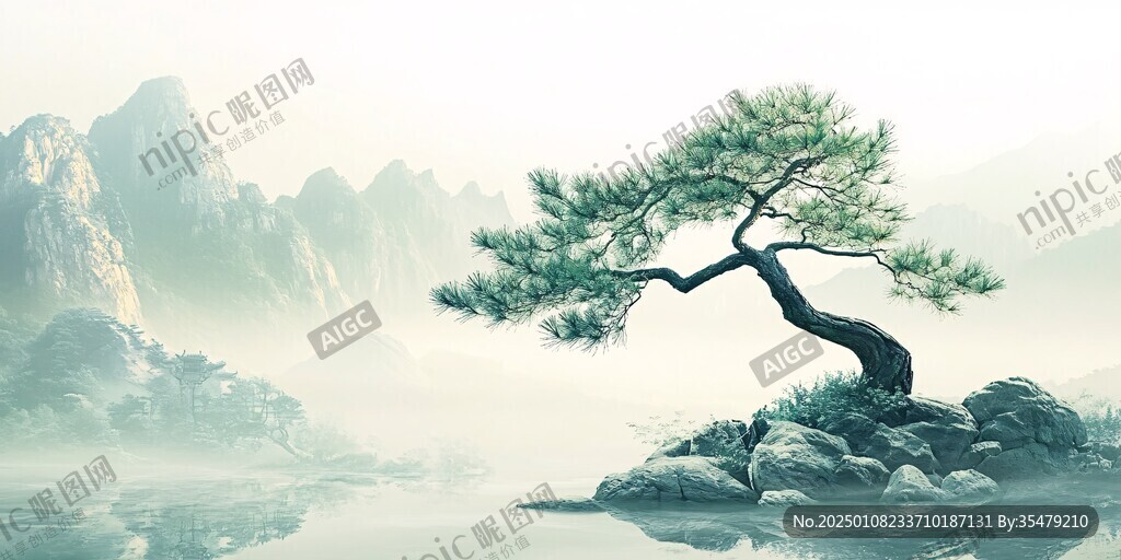 迎客松松树禅意山水