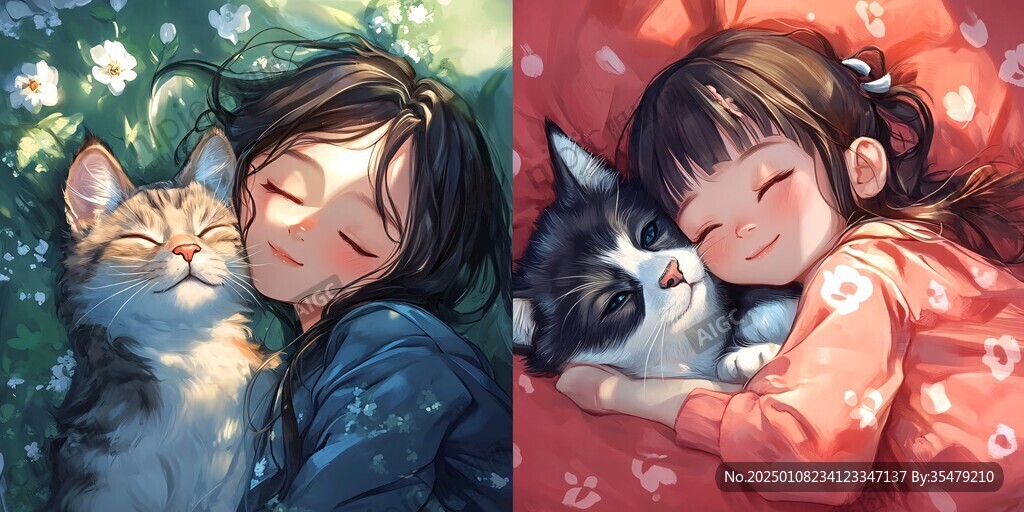 躺在猫身上的女孩插画