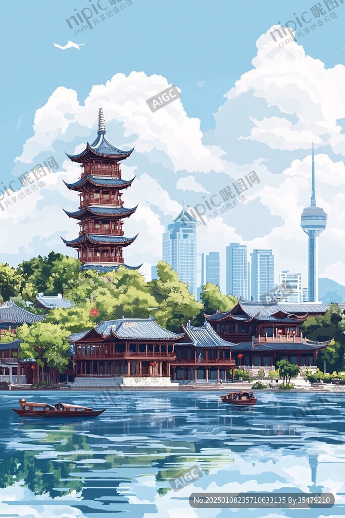 华东地区城市建筑插画