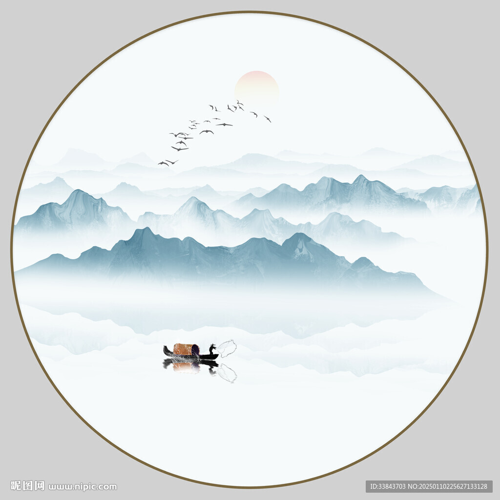 圆形山水水墨画