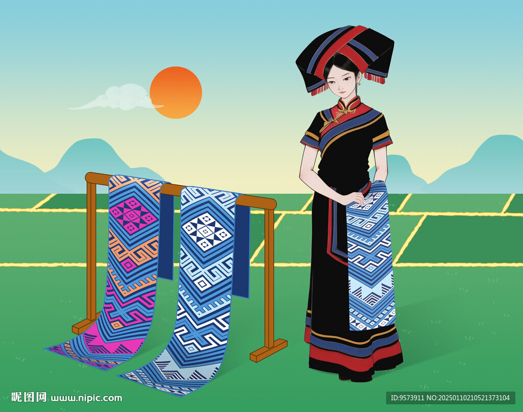 壮族女子织壮锦插画