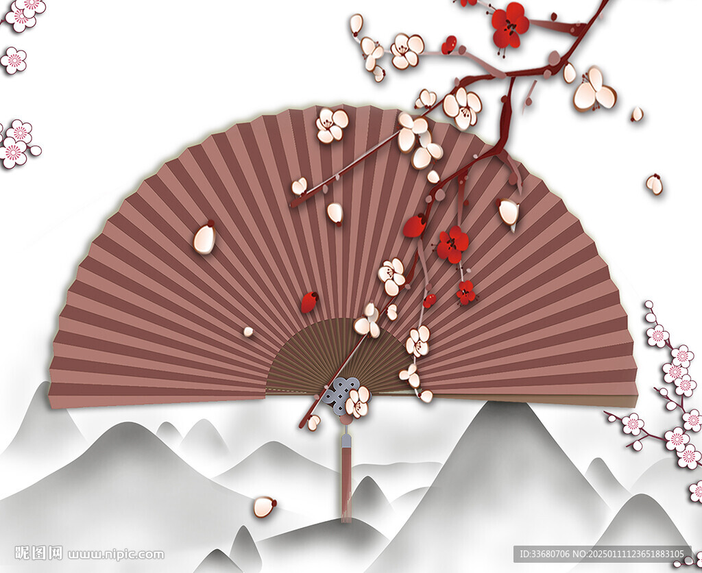 扇子水墨山水梅花装饰画窗帘海报