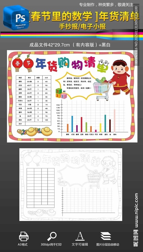 春节数学年货购物统计小报手抄报