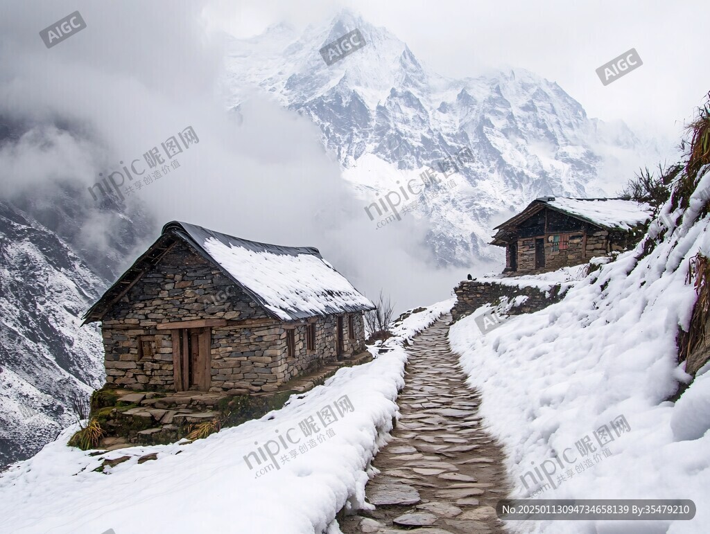 山峦小屋雪景