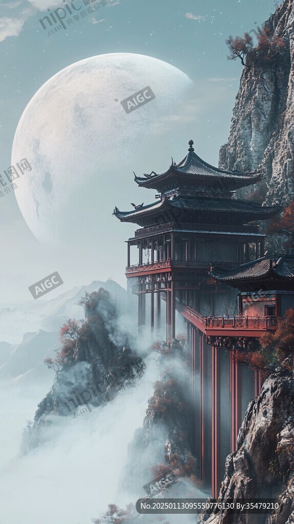 楼阁古风仙鹿仙景