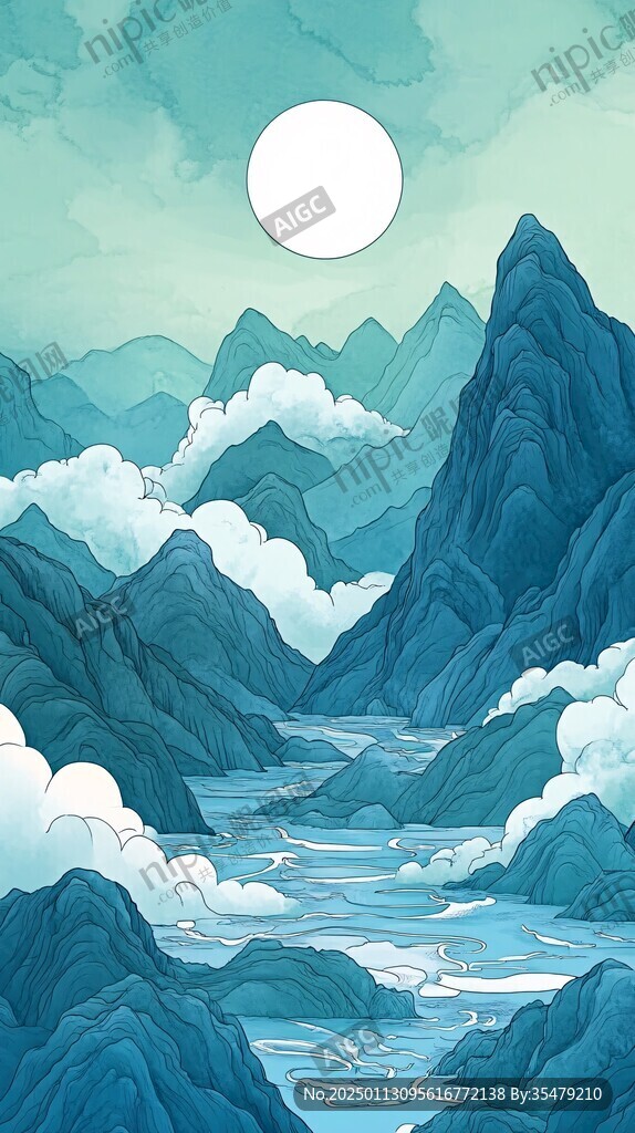 高端山水线包装插画