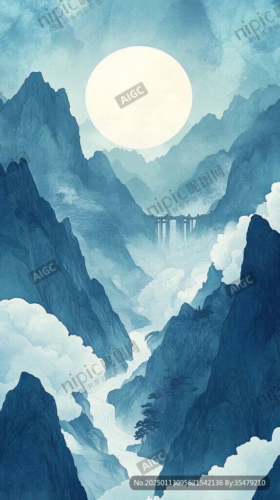 蓝色调山水画