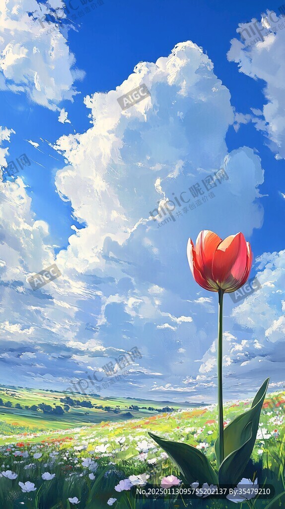 蓝天白云鲜花油画