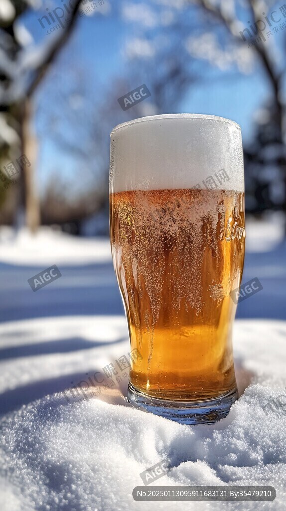 雪地上摆放的一杯啤酒