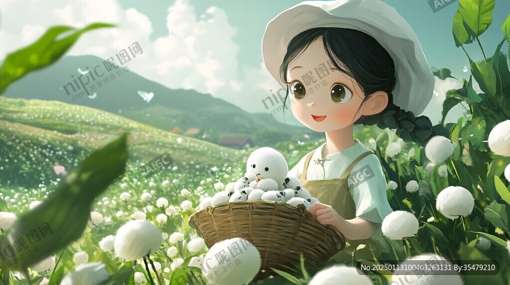 采摘农家少女插画