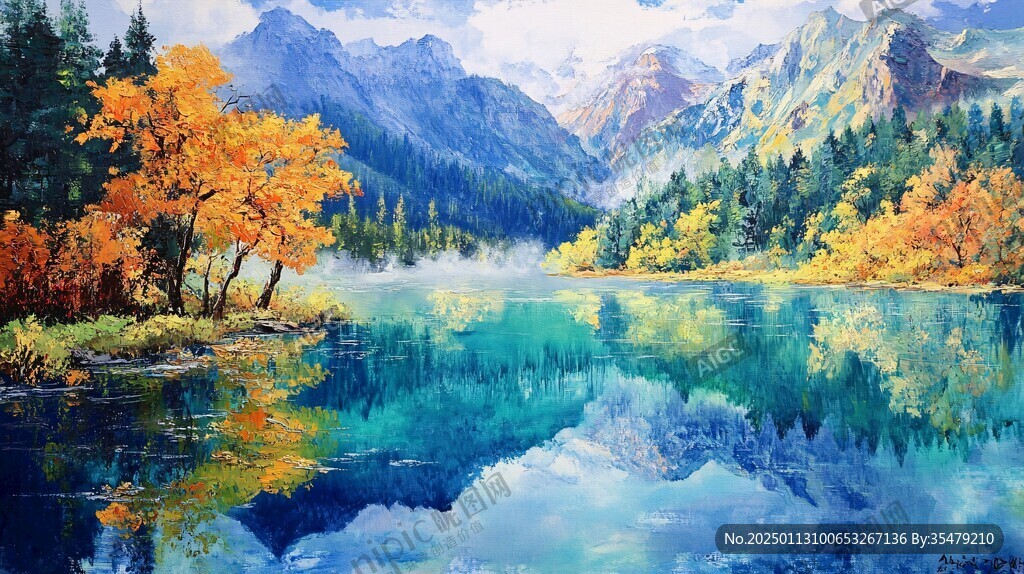 胡杨雪山蓝色湖水油画