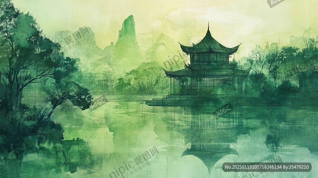 楼阁山水意境画