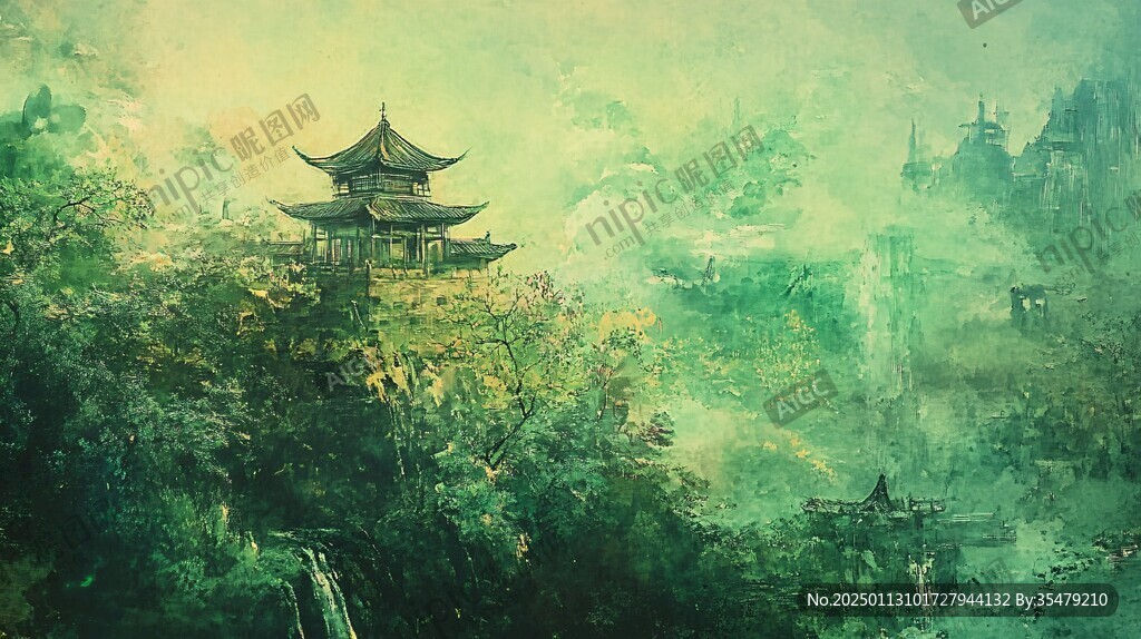 古风亭台楼阁油画