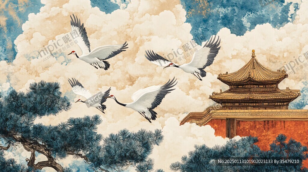 阁楼故宫皇宫仙鹤插画