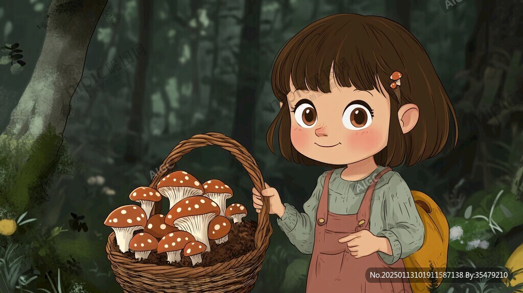 采蘑菇的小姑娘插画
