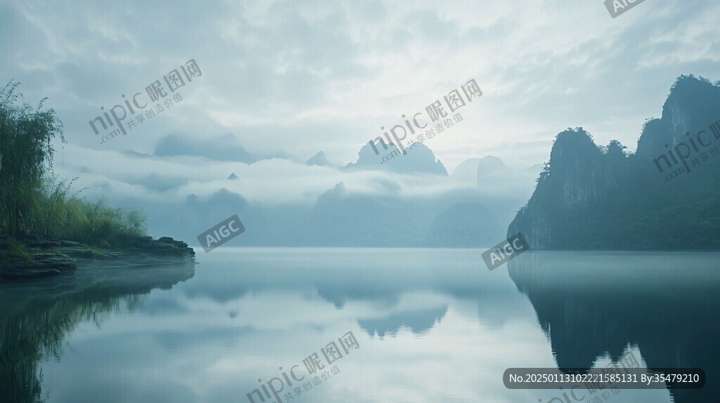 晨雾下的山水风光