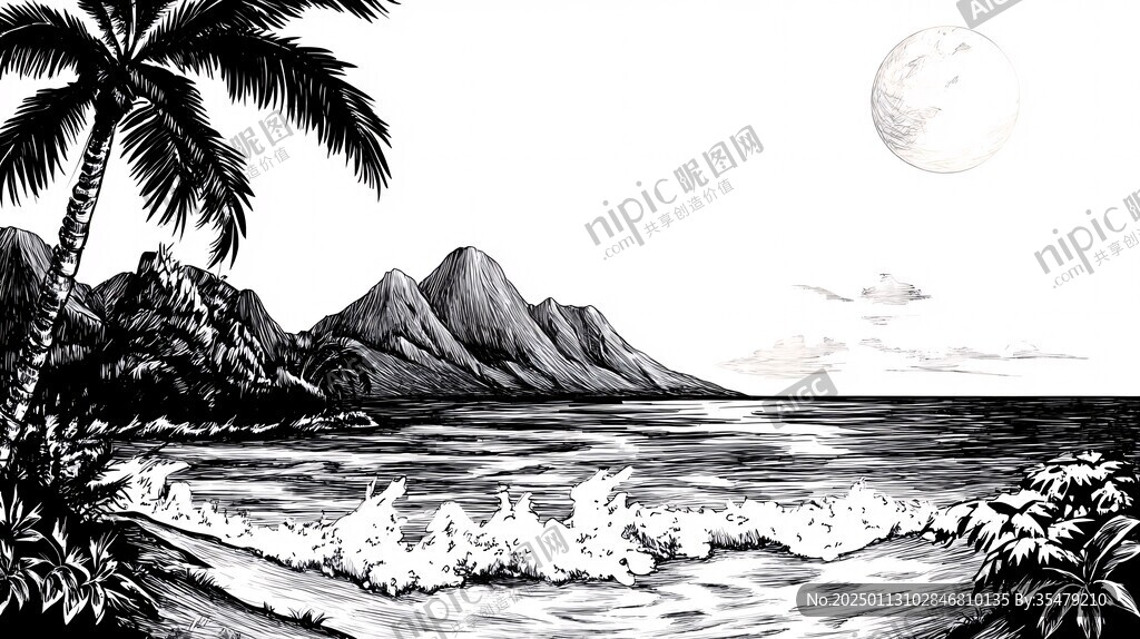 手绘仙鹤海景白描稿