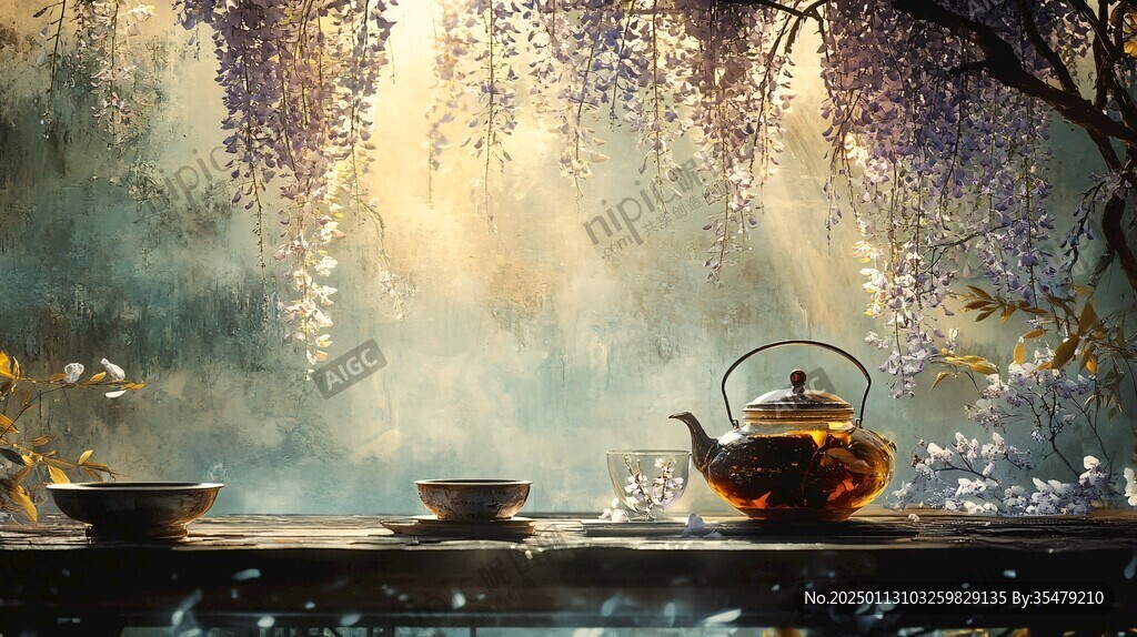 紫藤花下品茗图