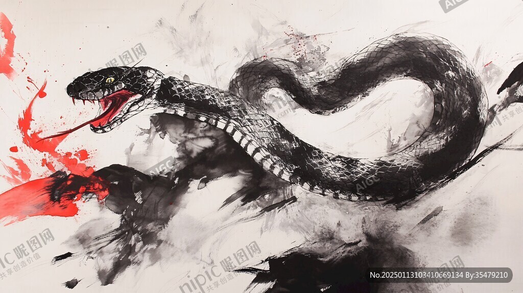 水墨画蛟龙水蛇