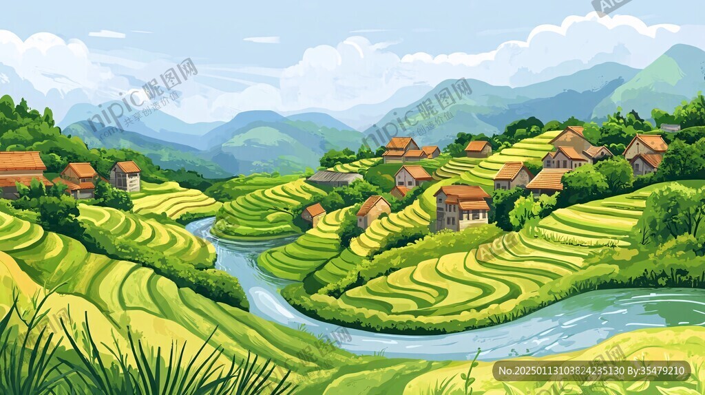 水稻梯田插画