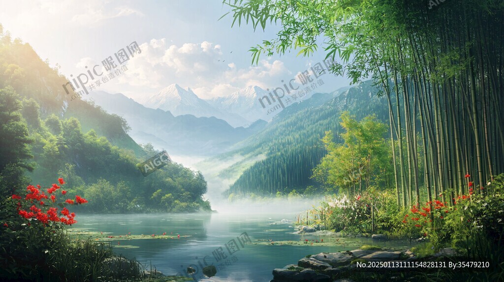 竹林河流山峰
