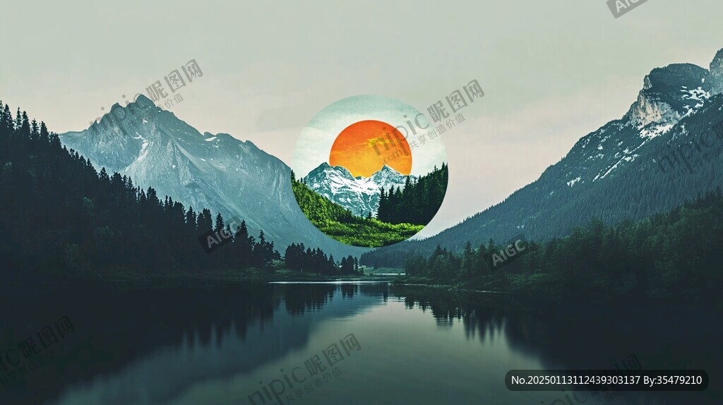 禅意山圆形山水