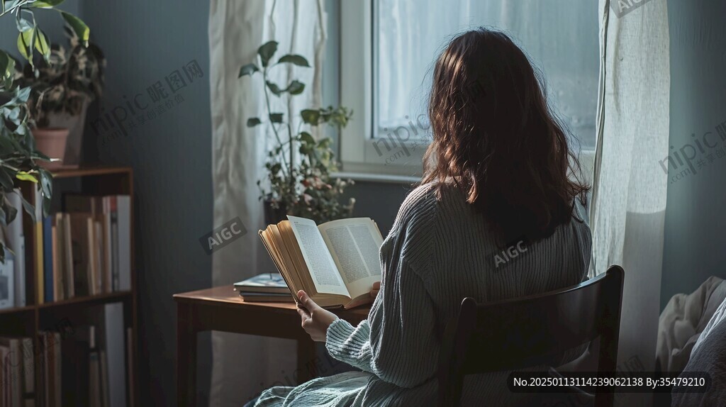 坐在窗前看书的女孩