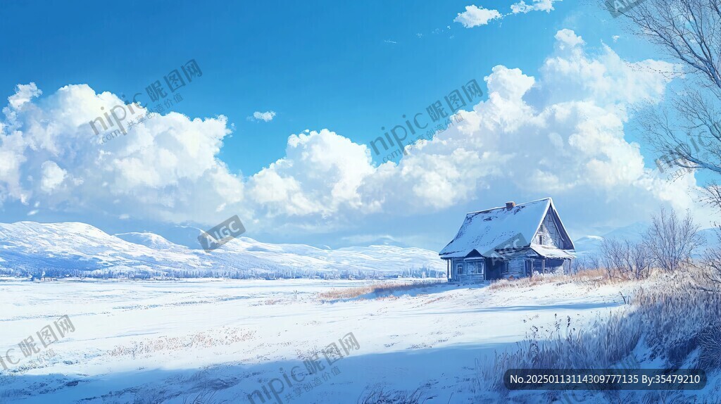山峦小屋雪景