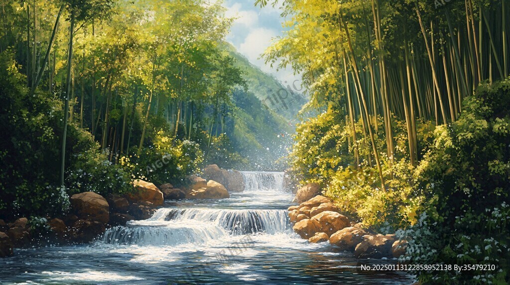 竹林河流山峰