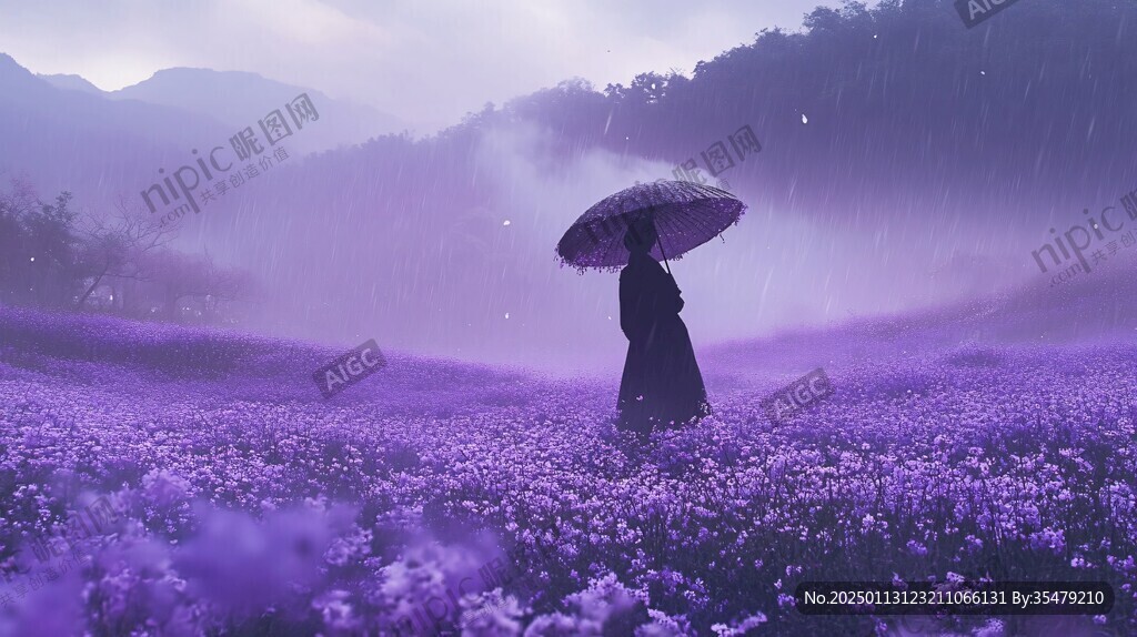 紫色花海里的少女