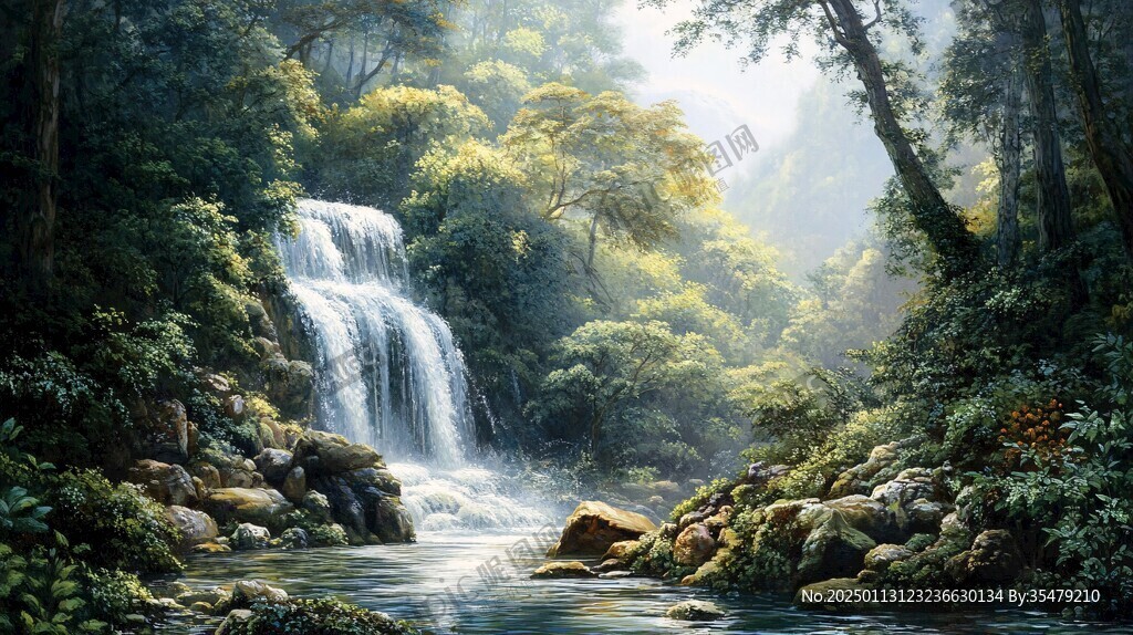 山水风景油画瀑布