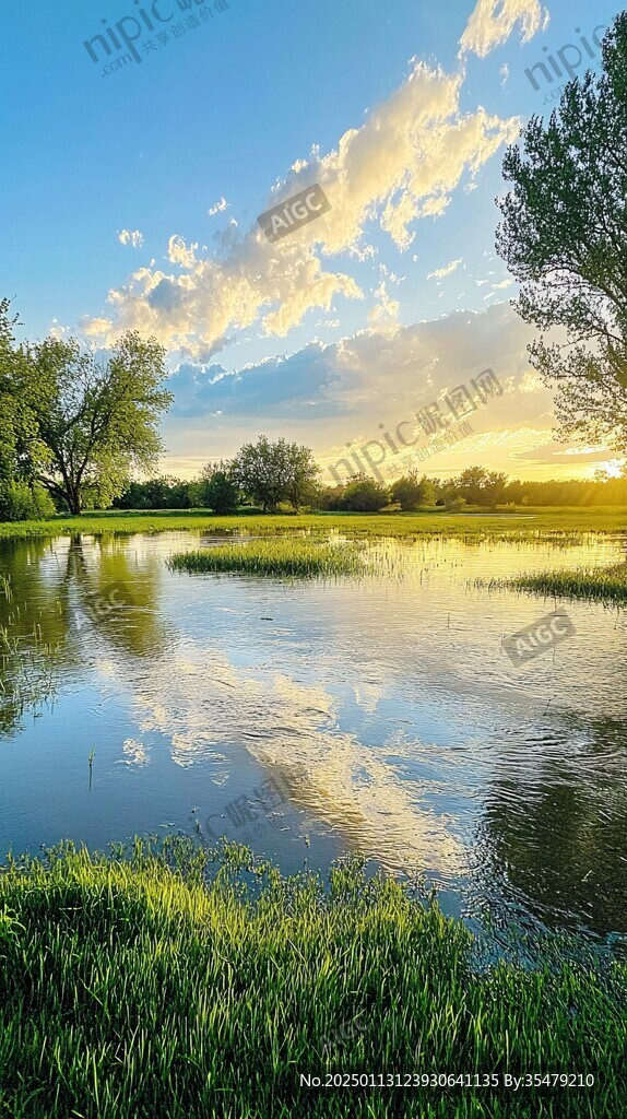 草地小河夕阳