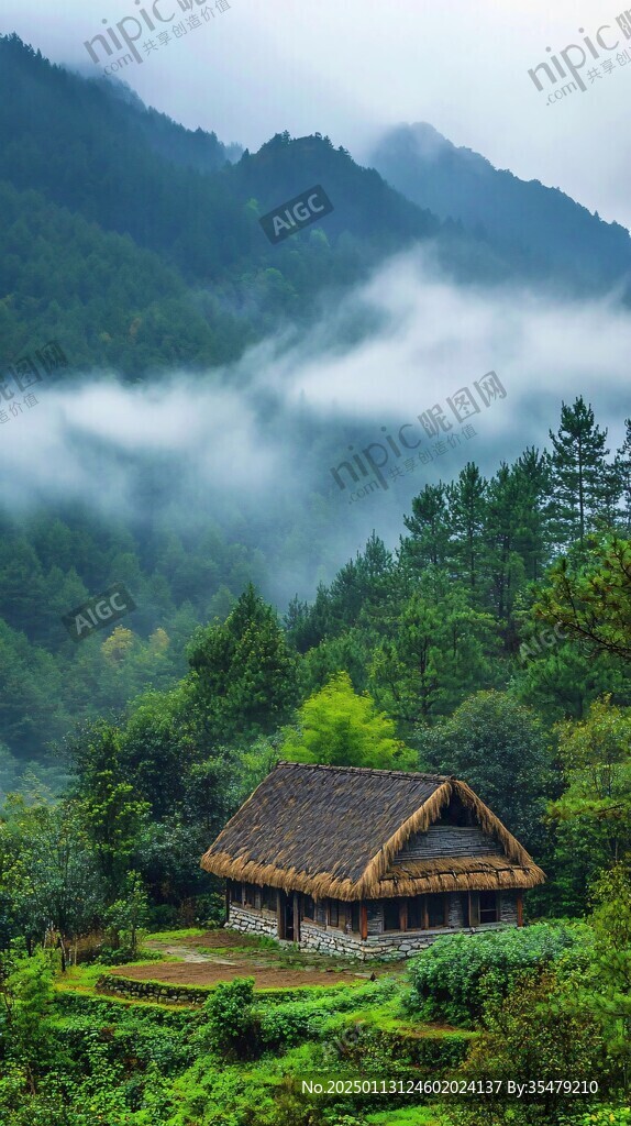 小木屋炊烟风光